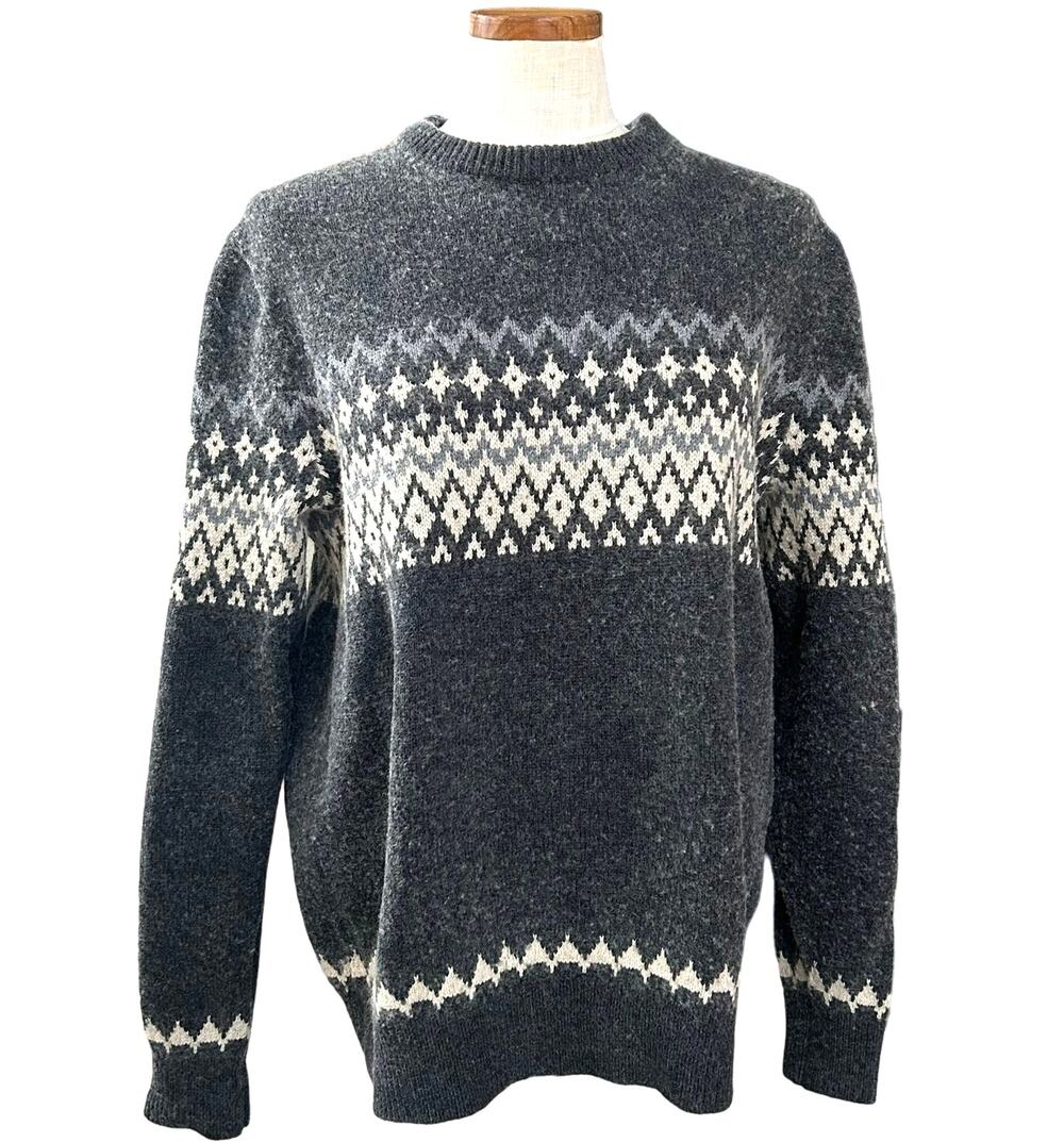 Tommy Hilfiger Fair Isle Nordic Wool Blend Sweater Mens L Gray Cream Crewneck